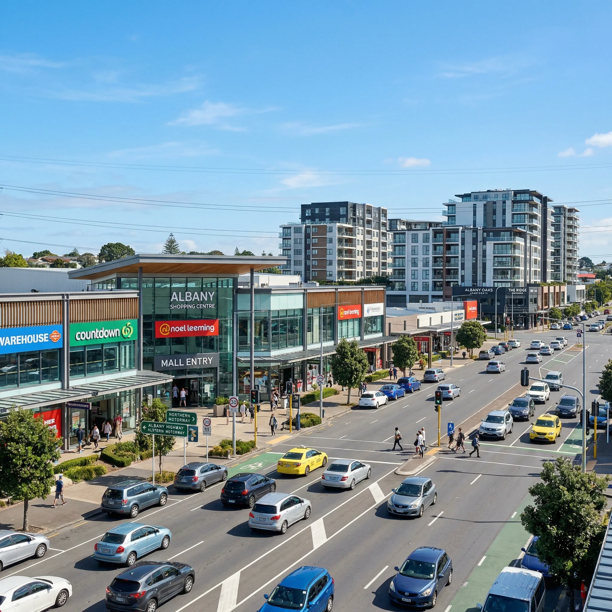 Albany Auckland commercial district with retail buildings and new developments