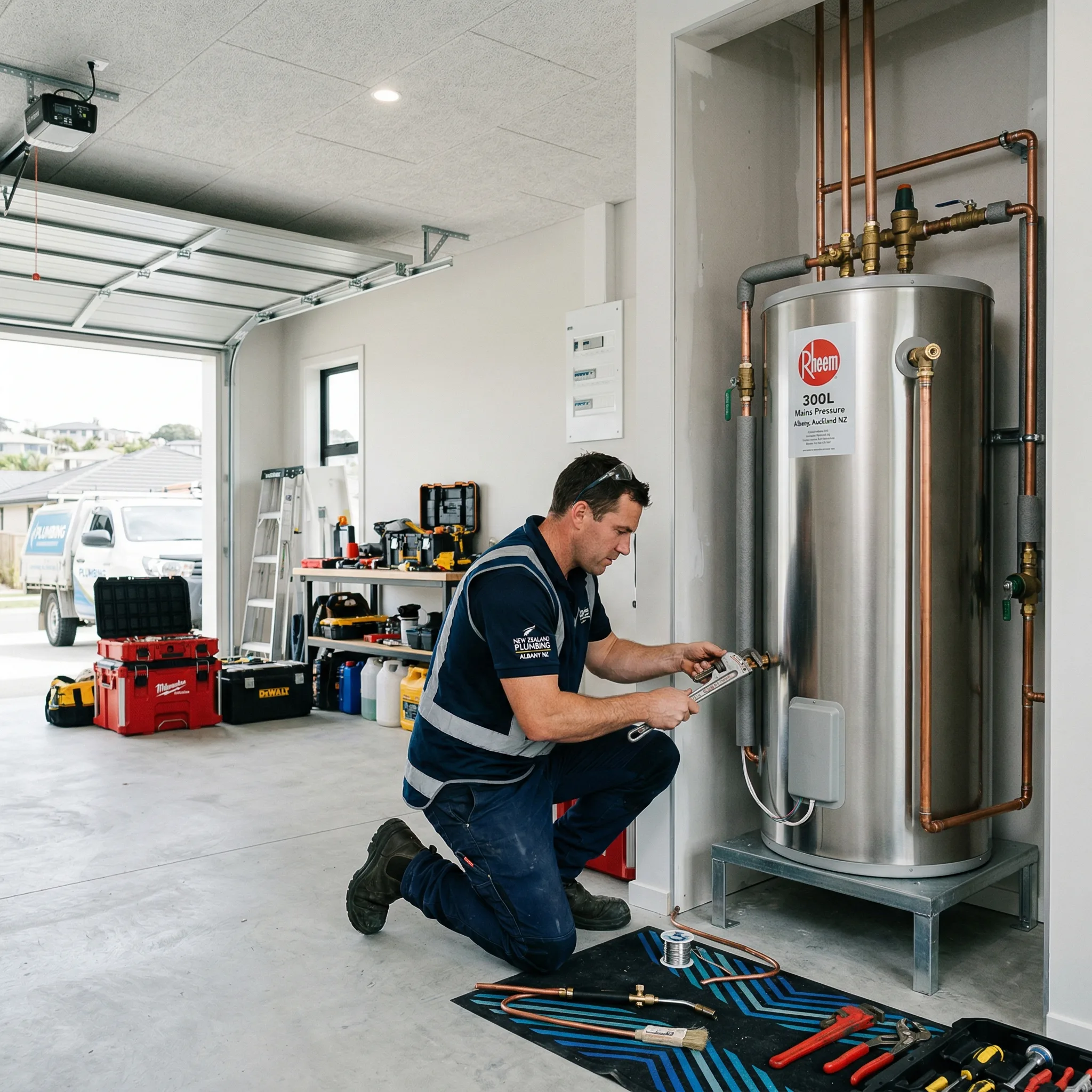 Professional plumber installing hot water cylinder in Albany new build home