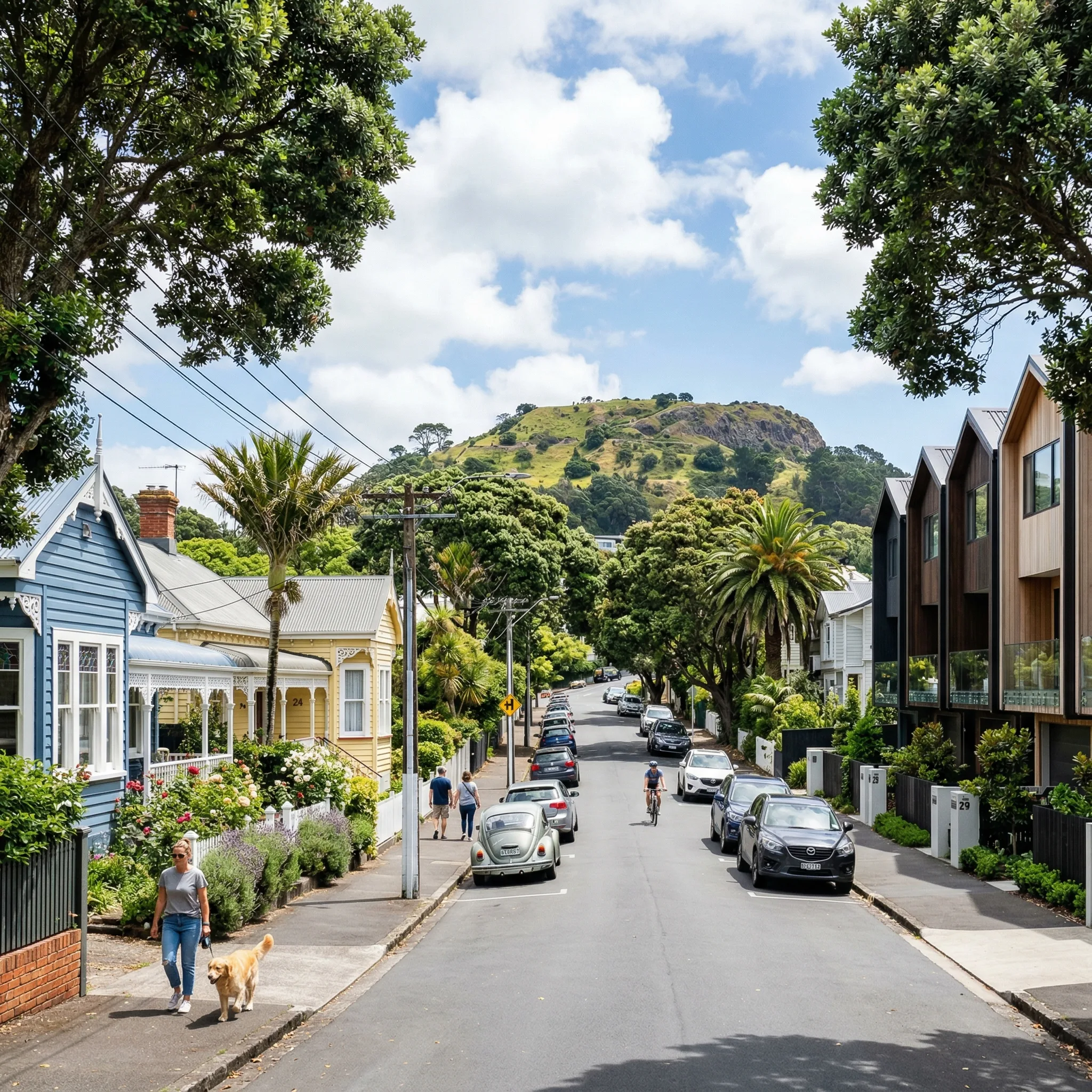 Diverse Auckland residential neighbourhood with mix of character villas and modern townhouses