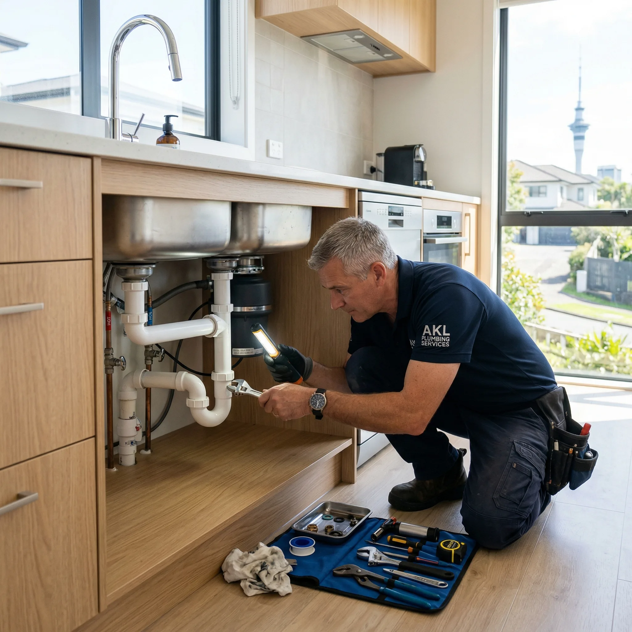 Professional plumber inspecting pipes under a modern Auckland kitchen sink