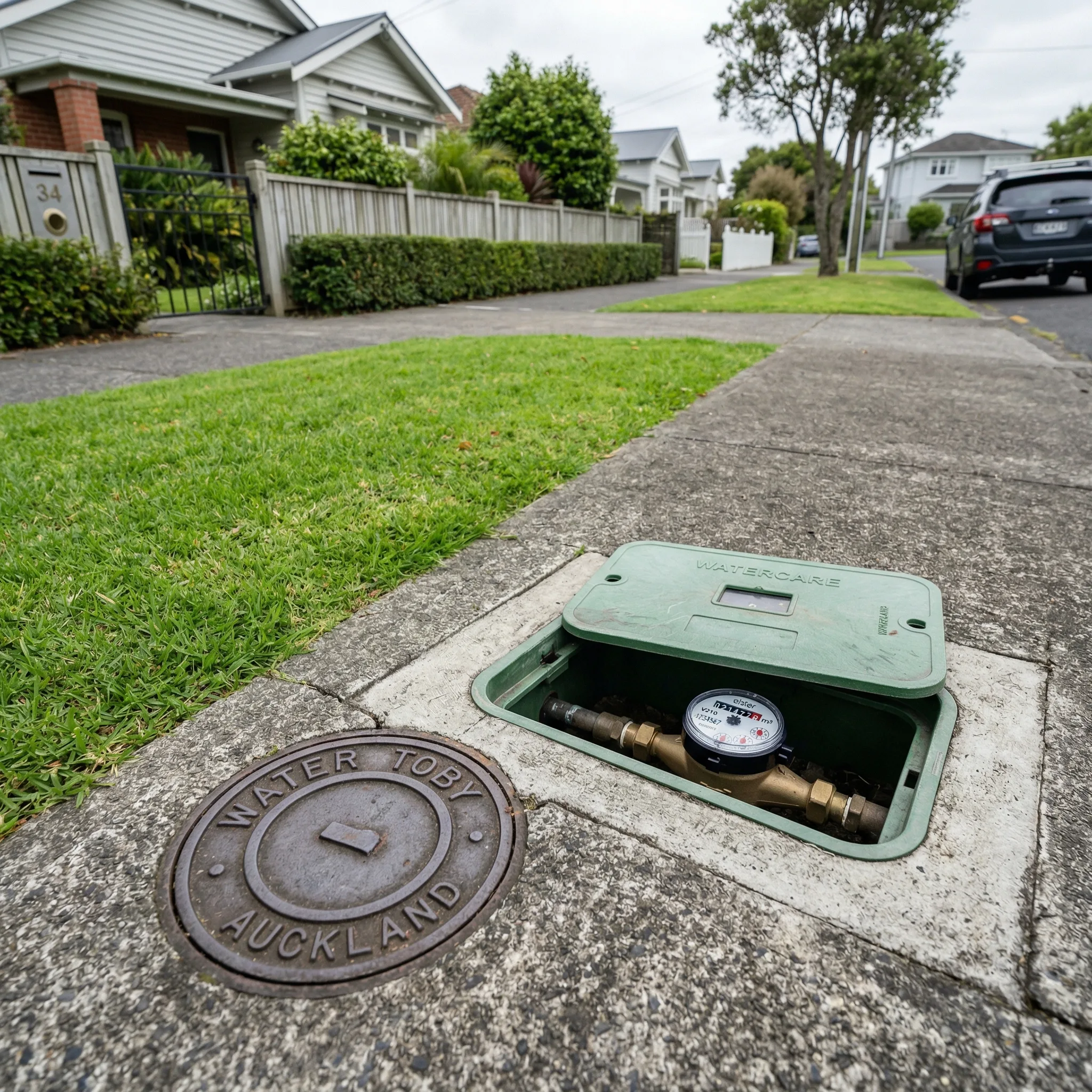 Auckland residential water meter and toby valve on suburban footpath