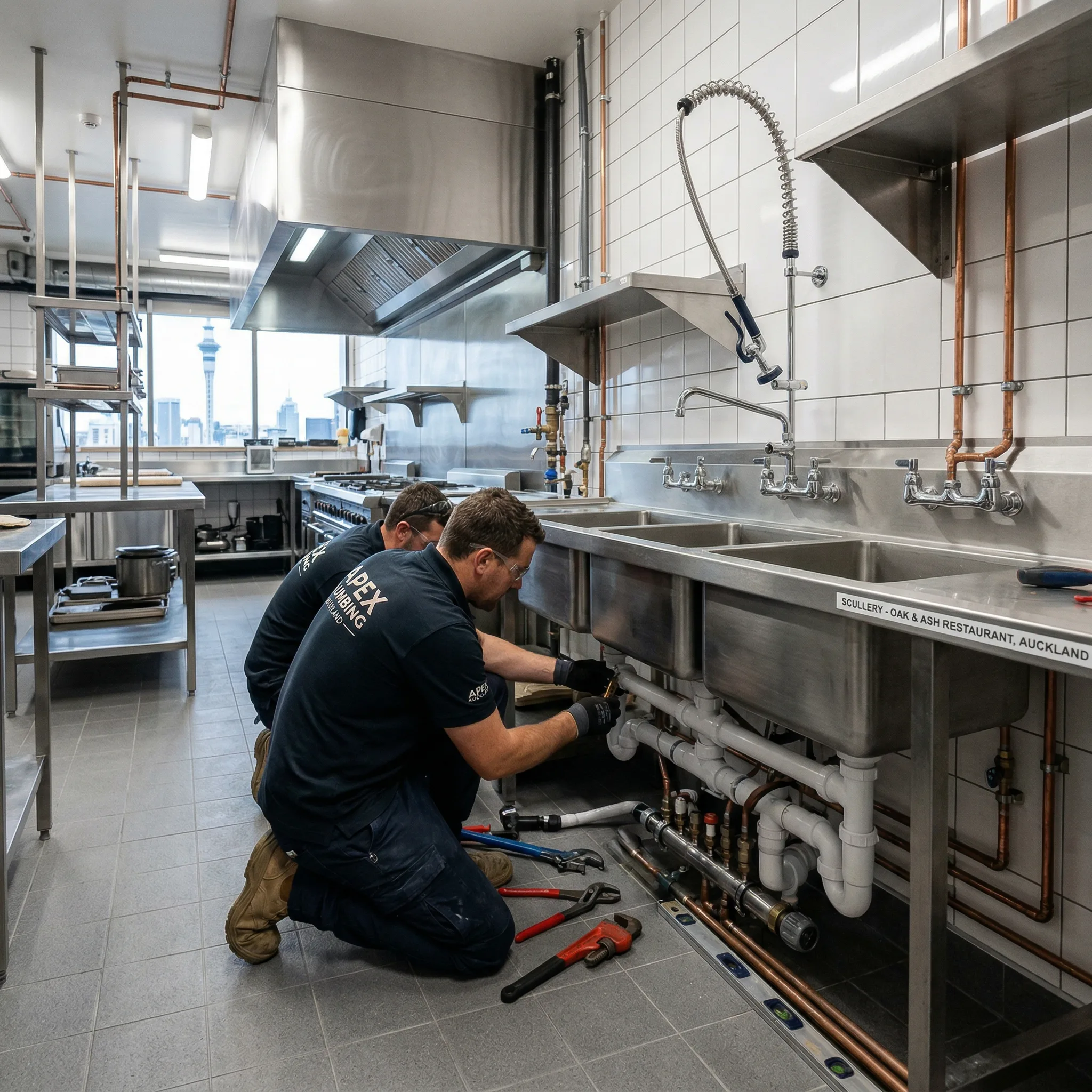 Commercial kitchen plumbing installation in Auckland restaurant