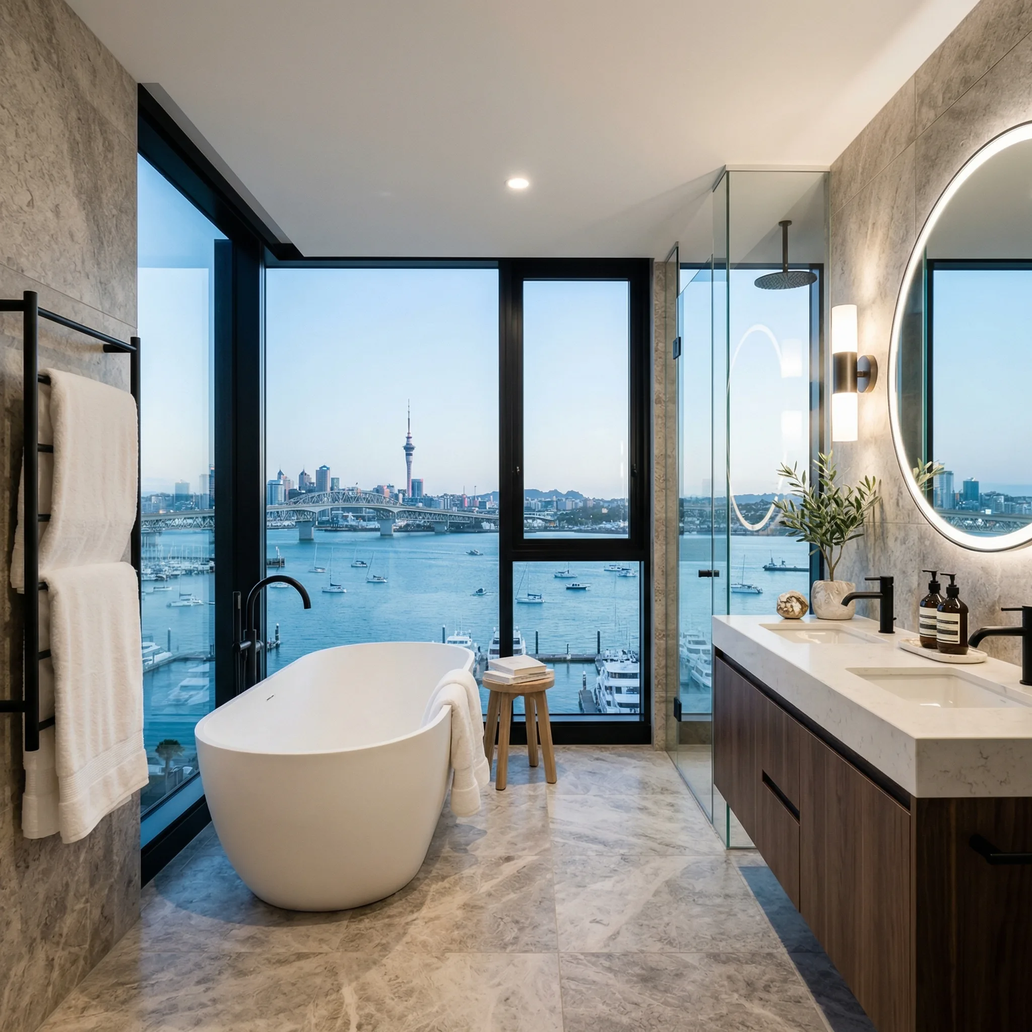 Modern Auckland apartment bathroom with contemporary fixtures