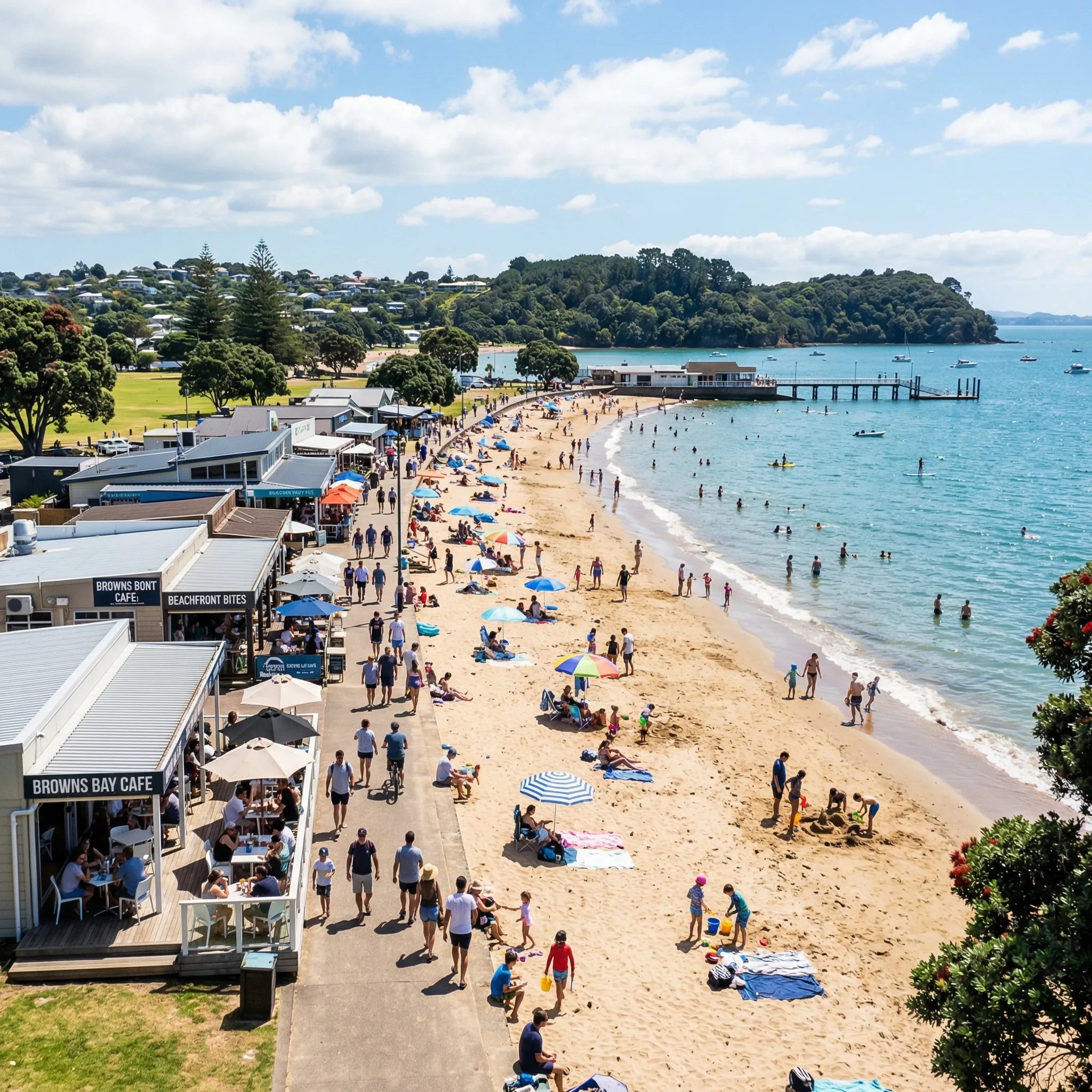 Browns Bay beach on Auckland's North Shore with coastal village atmosphere
