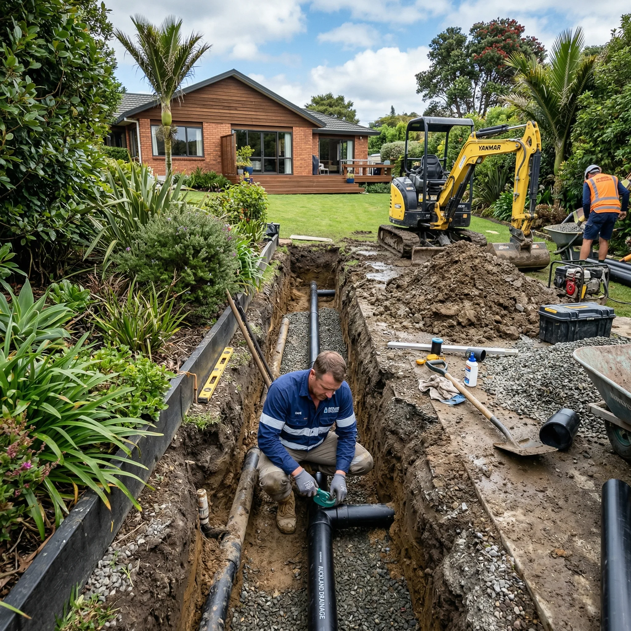 Plumber repairing outdoor drainage in Auckland suburban garden