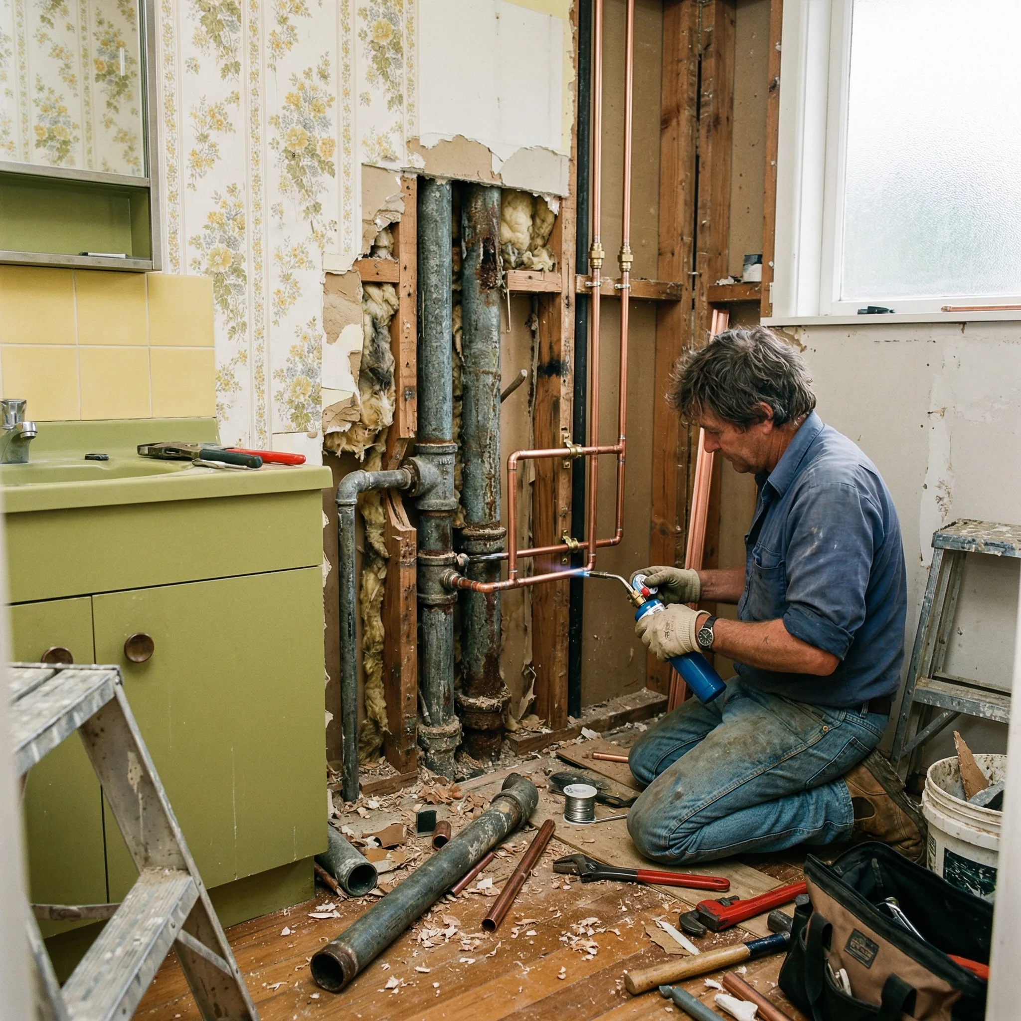 Aging galvanised pipes being replaced with modern copper in Auckland home renovation