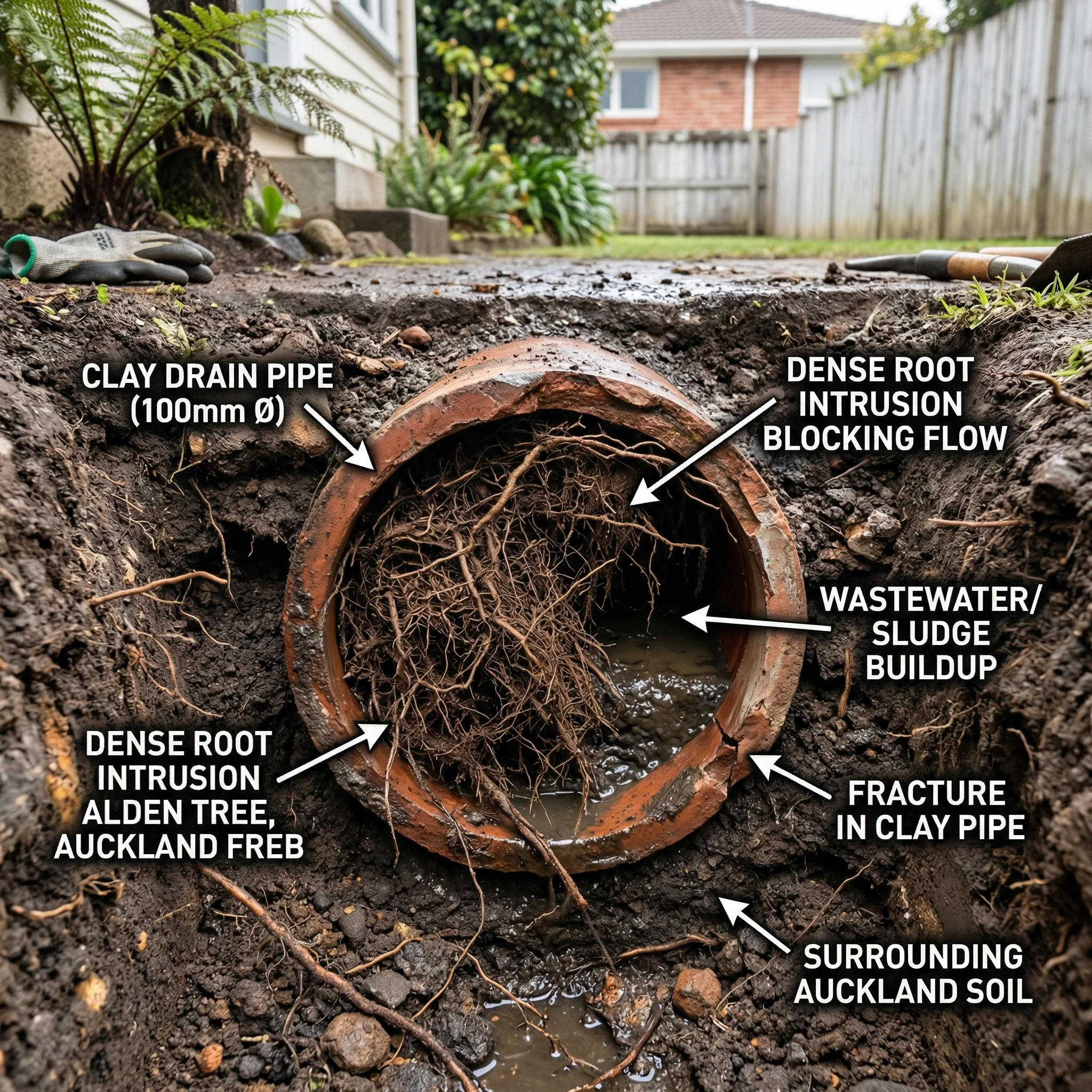 Tree root intrusion in residential drain pipe showing roots blocking clay pipe