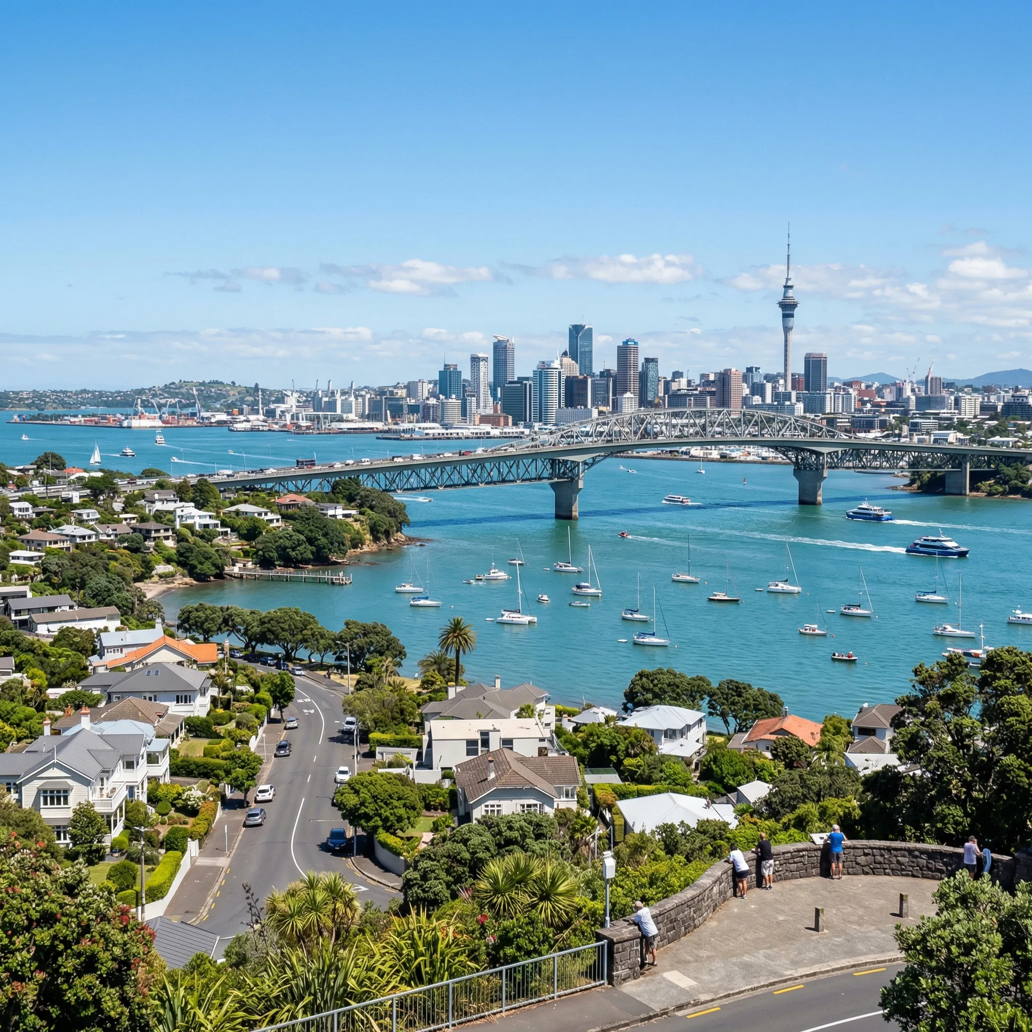Auckland Harbour Bridge view from North Shore with residential suburbs visible