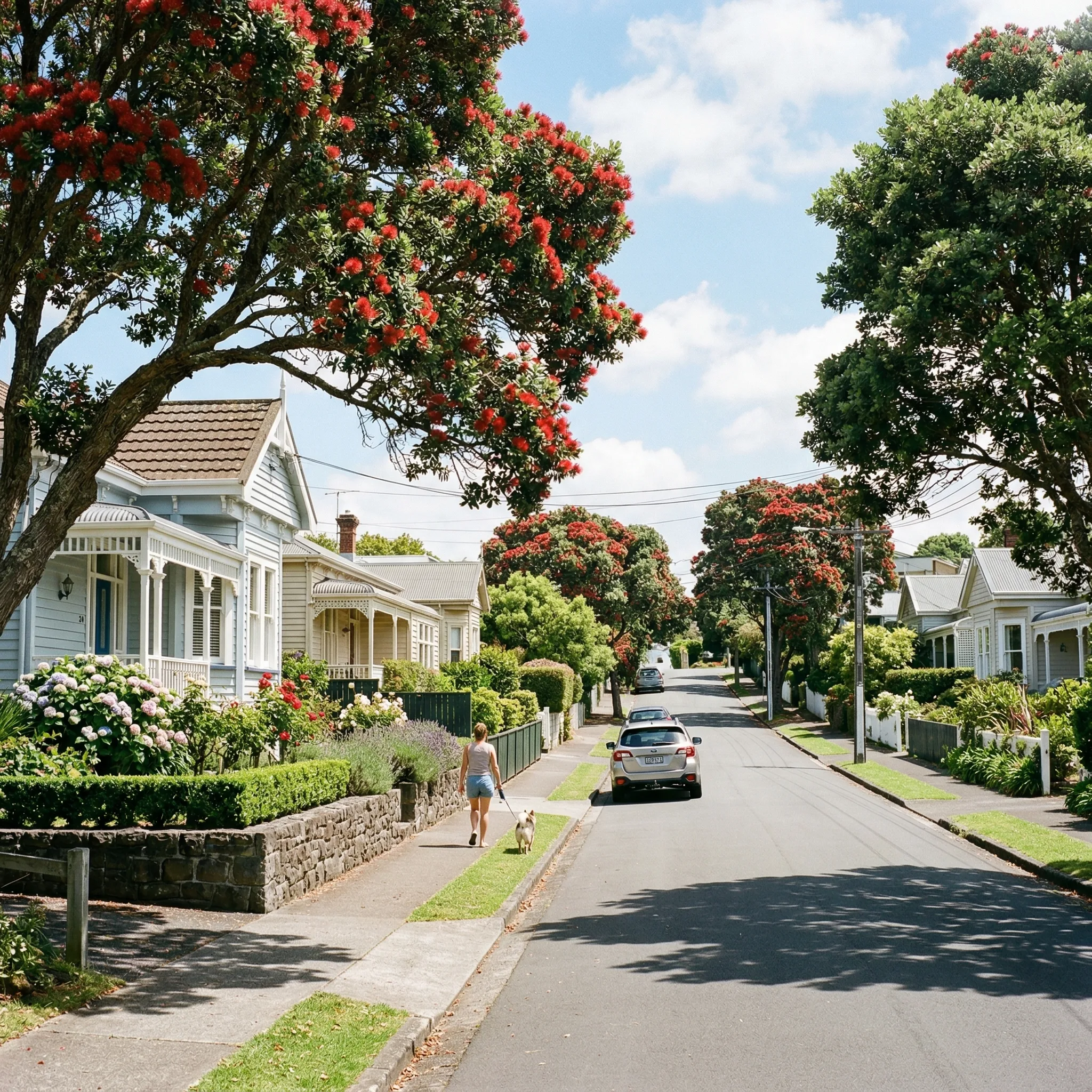 North Shore Auckland residential street with established family homes and mature trees
