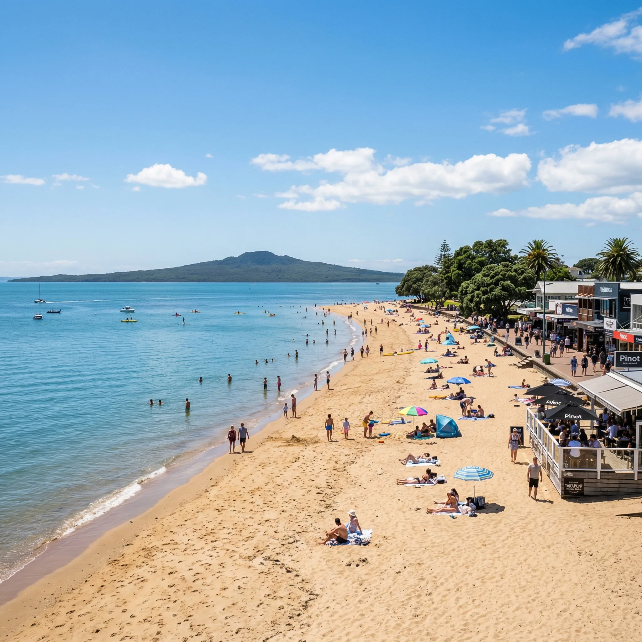 Takapuna Beach with Rangitoto Island and beachfront shops