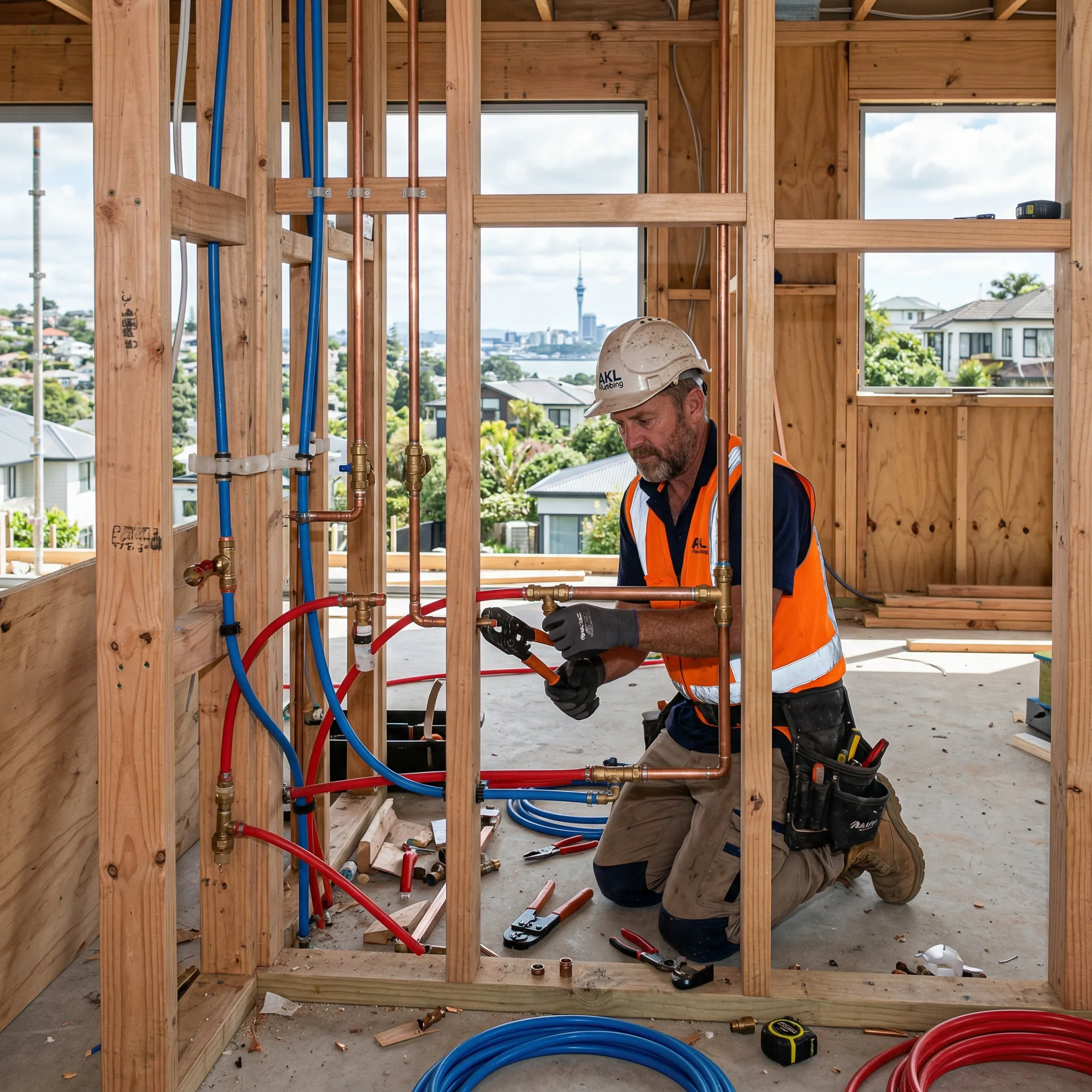 Plumber installing rough-in plumbing in new build timber frame house