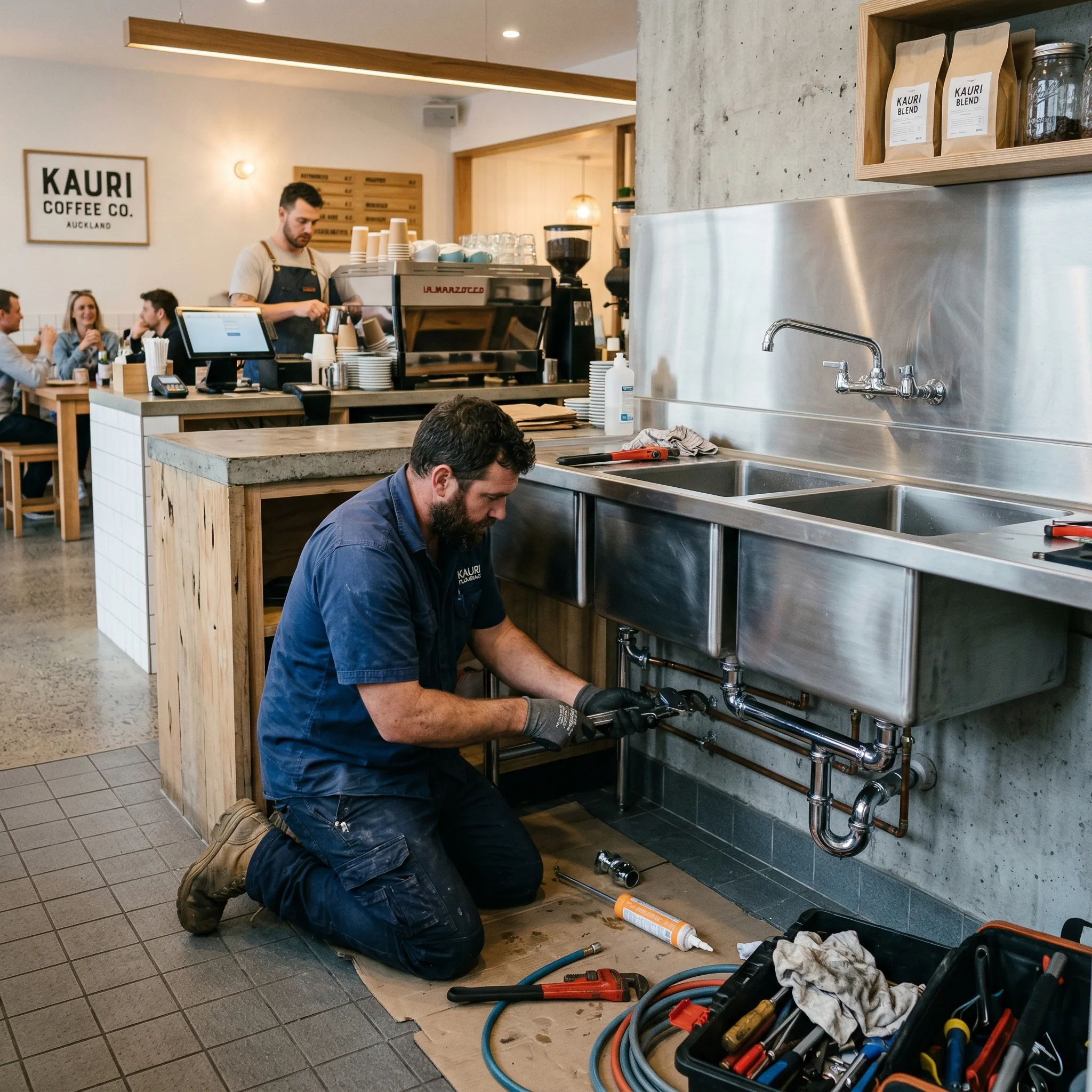 Plumber installing commercial sink in Auckland cafe